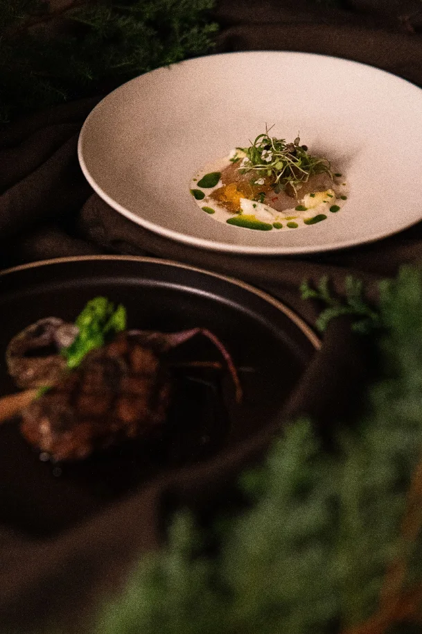 Cru de peixe com citrinos e ervas, num prato fundo claro